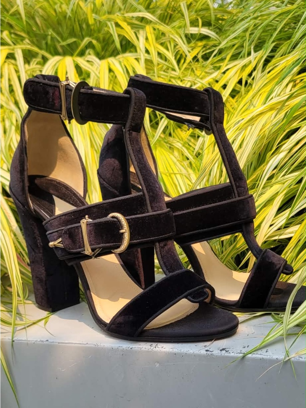 Paul Andrew Black Leather & Velvet T-Strap Block Heel Sandals